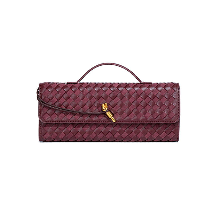 Retro Woven Baguette Handbag for Women Suede Texture PU Leather Shoulder Crossbody Bag Elegant Evening Clutch Burgundy Main image