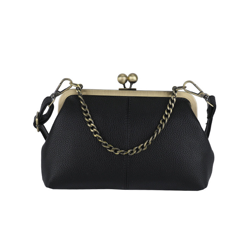 Black Retro Women's Shell Handbag - European Style Clip Lock Closure PU Clutch/Shoulder Bag with Chain Strap Main image