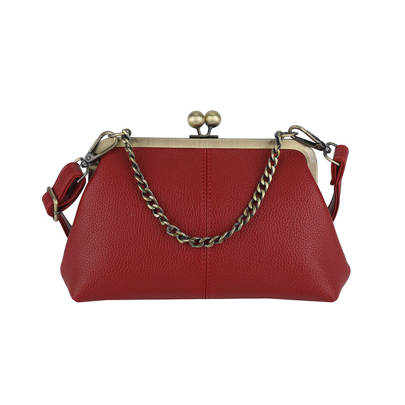 Red Retro Women's Shell Handbag - European Style Clip Lock Closure PU Clutch/Shoulder Bag with Chain Strap Main image