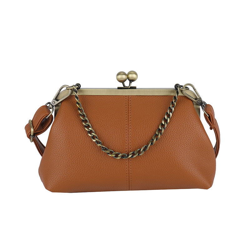 Brown Retro Women's Shell Handbag - European Style Clip Lock Closure PU Clutch/Shoulder Bag with Chain Strap Main image