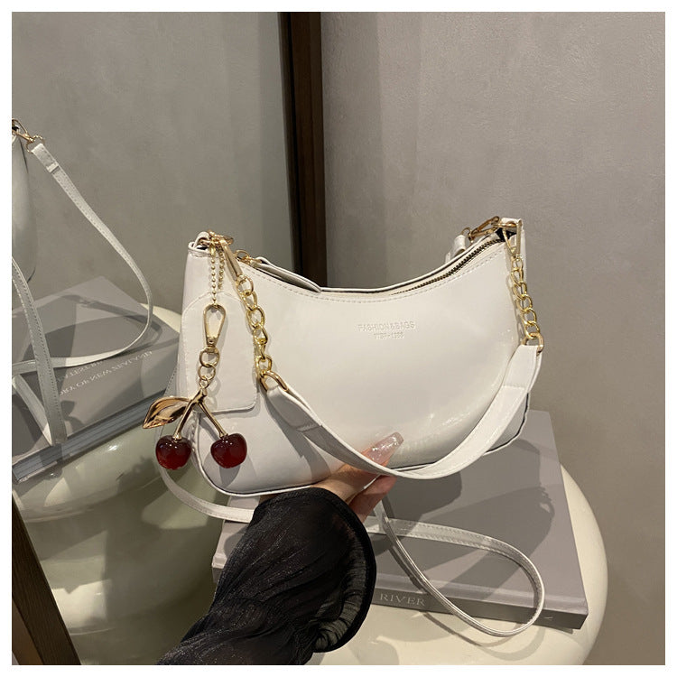 White Chic Glossy PU Leather Underarm Bag & Crossbody Purse with Cherry Charm - Versatile Handbag for Women Main image