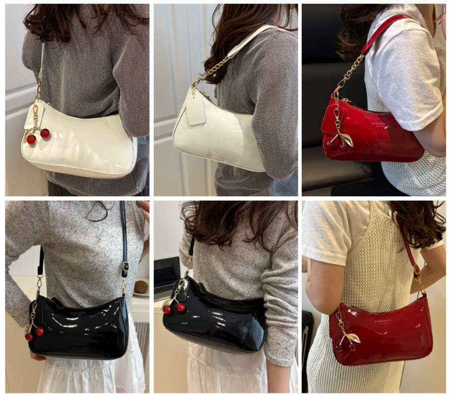 White Chic Glossy PU Leather Underarm Bag & Crossbody Purse with Cherry Charm - Versatile Handbag for Women