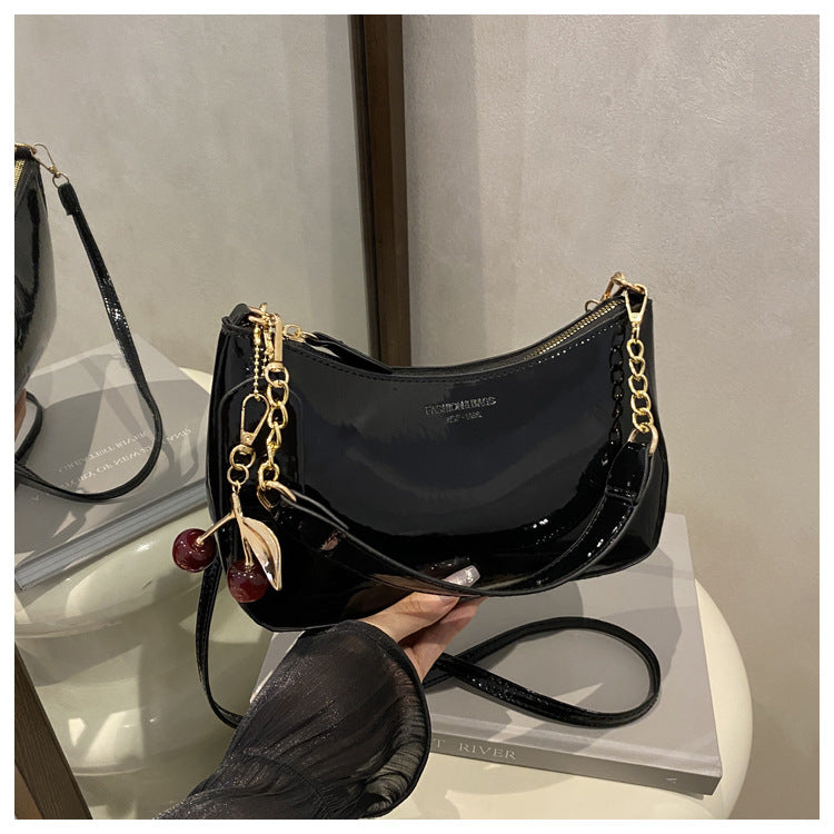 Black Chic Glossy PU Leather Underarm Bag & Crossbody Purse with Cherry Charm - Versatile Handbag for Women Main image