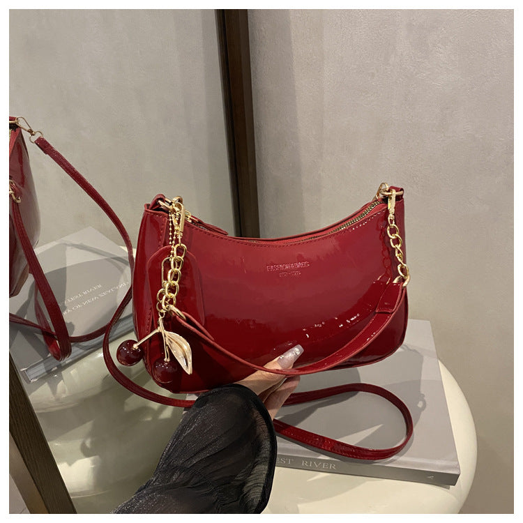 Red Chic Glossy PU Leather Underarm Bag & Crossbody Purse with Cherry Charm - Versatile Handbag for Women Main image