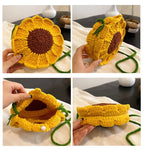 Yellow Handmade Crochet Sunflower Crossbody Bag – Cute Floral Knitted Button Bucket Purse for Women & Girls