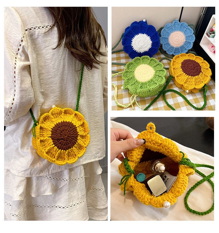 Yellow Handmade Crochet Sunflower Crossbody Bag – Cute Floral Knitted Button Bucket Purse for Women & Girls
