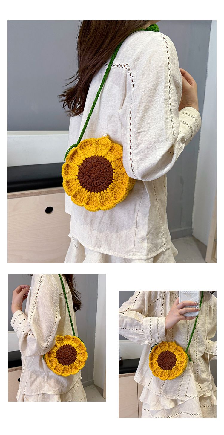 Yellow Handmade Crochet Sunflower Crossbody Bag – Cute Floral Knitted Button Bucket Purse for Women & Girls