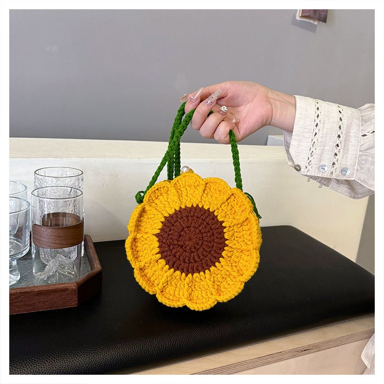Yellow Handmade Crochet Sunflower Crossbody Bag – Cute Floral Knitted Button Bucket Purse for Women & Girls
