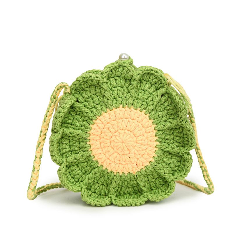 Green Handmade Crochet Sunflower Crossbody Bag – Cute Floral Knitted Button Bucket Purse for Women & Girls Main image