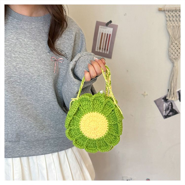 Green Handmade Crochet Sunflower Crossbody Bag – Cute Floral Knitted Button Bucket Purse for Women & Girls