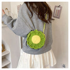 Green Handmade Crochet Sunflower Crossbody Bag – Cute Floral Knitted Button Bucket Purse for Women & Girls