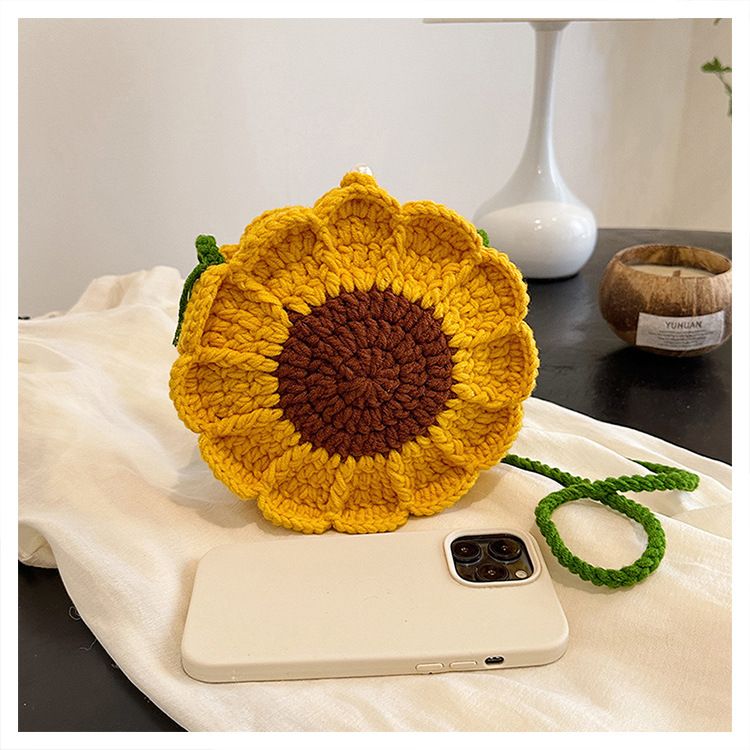 Green Handmade Crochet Sunflower Crossbody Bag – Cute Floral Knitted Button Bucket Purse for Women & Girls