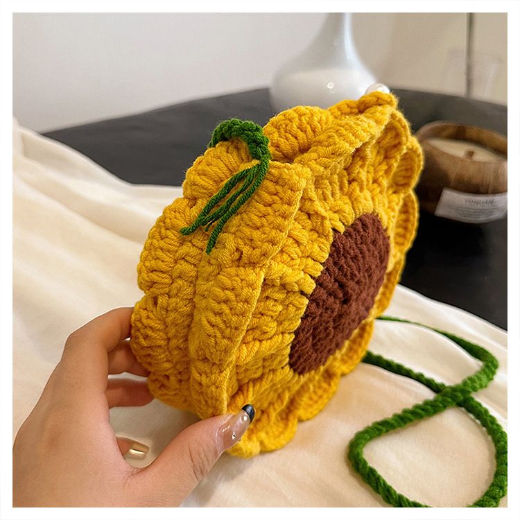 Green Handmade Crochet Sunflower Crossbody Bag – Cute Floral Knitted Button Bucket Purse for Women & Girls