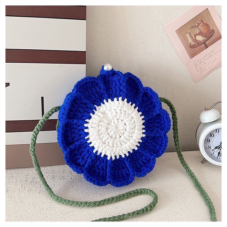 Dark Blue Handmade Crochet Sunflower Crossbody Bag – Cute Floral Knitted Button Bucket Purse for Women & Girls