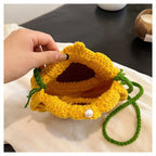 Dark Blue Handmade Crochet Sunflower Crossbody Bag – Cute Floral Knitted Button Bucket Purse for Women & Girls