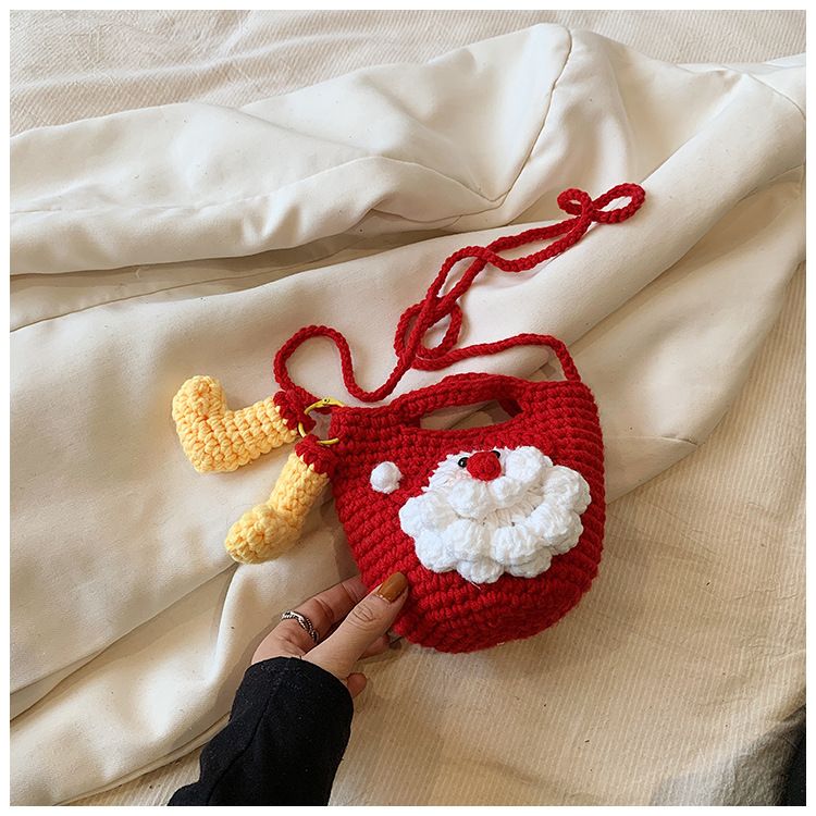 Red Handmade Crochet Santa Claus Bag – Festive Christmas Knitted Shoulder Purse with Stocking Charm