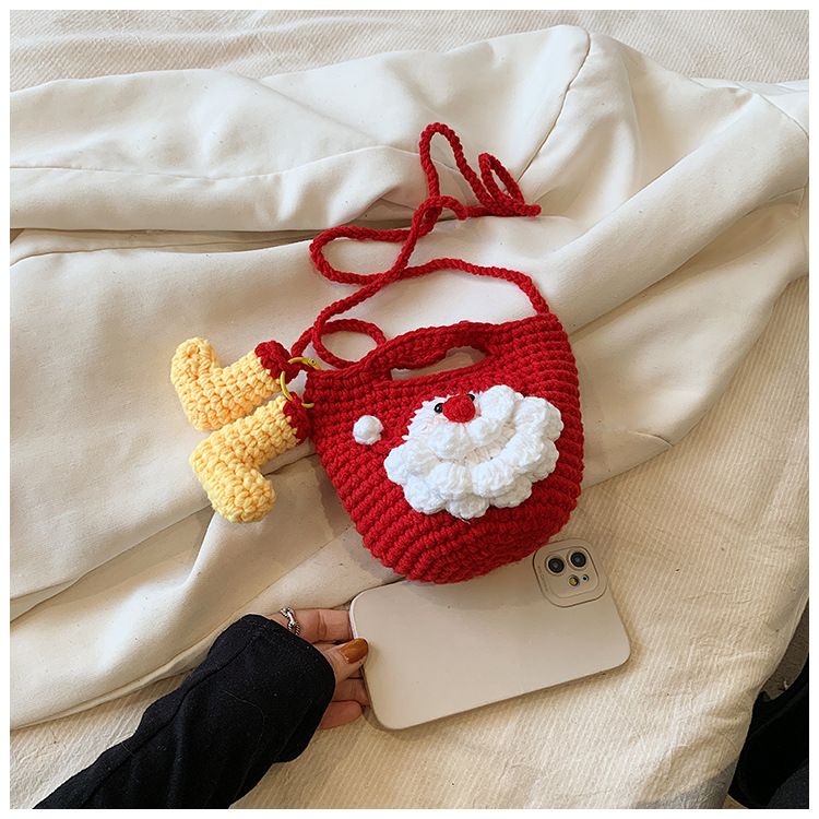Red Handmade Crochet Santa Claus Bag – Festive Christmas Knitted Shoulder Purse with Stocking Charm