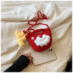 Red Handmade Crochet Santa Claus Bag – Festive Christmas Knitted Shoulder Purse with Stocking Charm