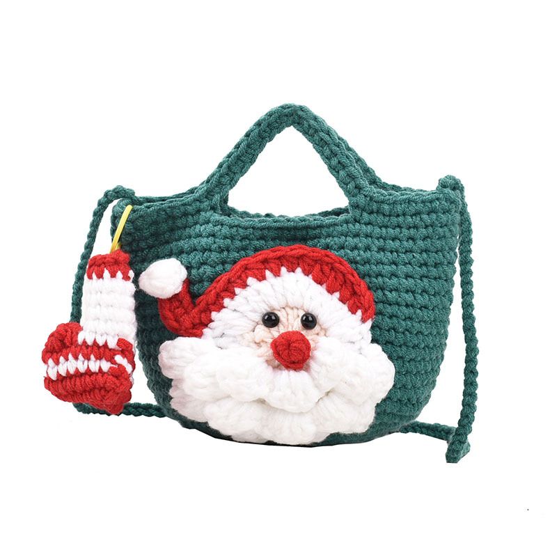 Green Handmade Crochet Santa Claus Bag – Festive Christmas Knitted Shoulder Purse with Stocking Charm Main image