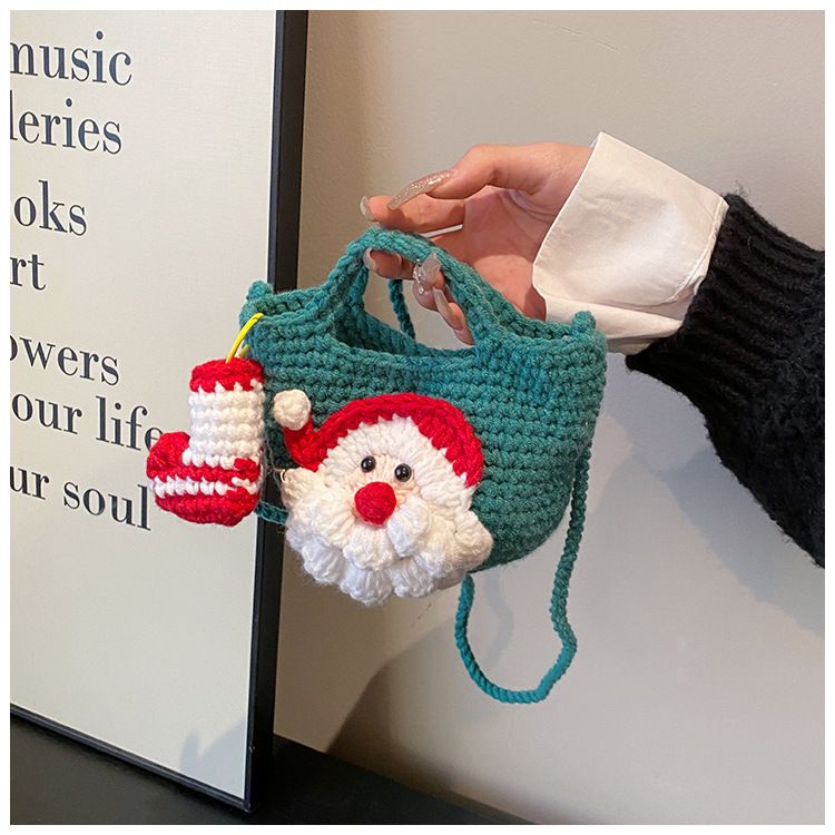 Green Handmade Crochet Santa Claus Bag – Festive Christmas Knitted Shoulder Purse with Stocking Charm