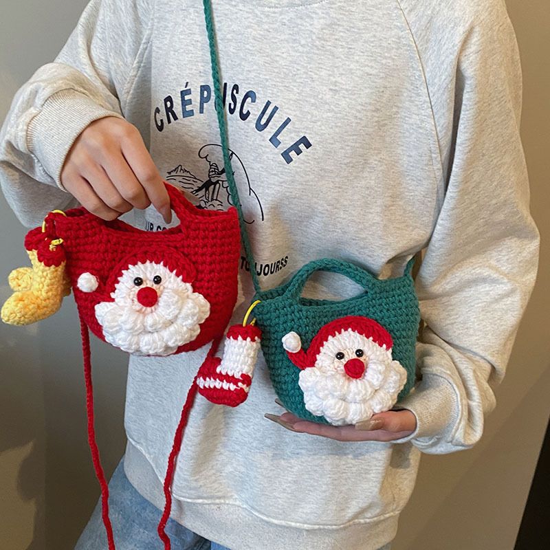 Green Handmade Crochet Santa Claus Bag – Festive Christmas Knitted Shoulder Purse with Stocking Charm