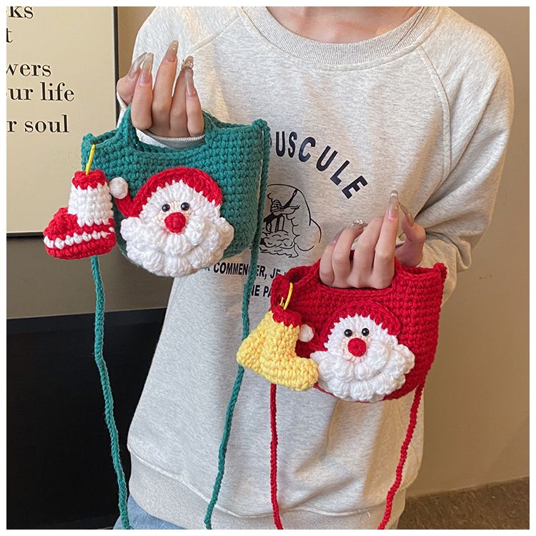 Green Handmade Crochet Santa Claus Bag – Festive Christmas Knitted Shoulder Purse with Stocking Charm