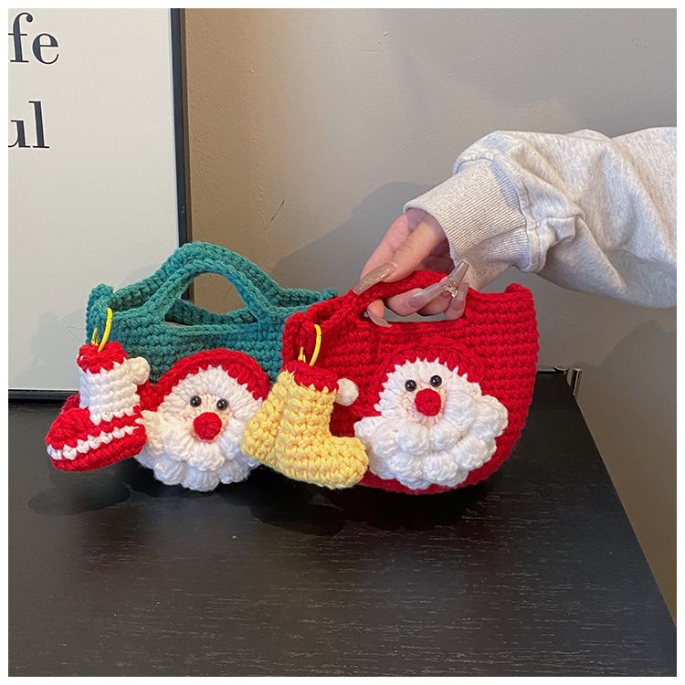 Green Handmade Crochet Santa Claus Bag – Festive Christmas Knitted Shoulder Purse with Stocking Charm