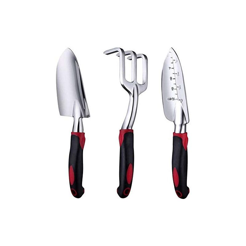 3-Piece Red Gardening Tool Set - Heavy Duty Aluminum Alloy with Bonus Claw Gardening Gloves - Rust Resistant Hand Trowel, Cultivator and Transplanter for Planting, Digging and Weeding Main image