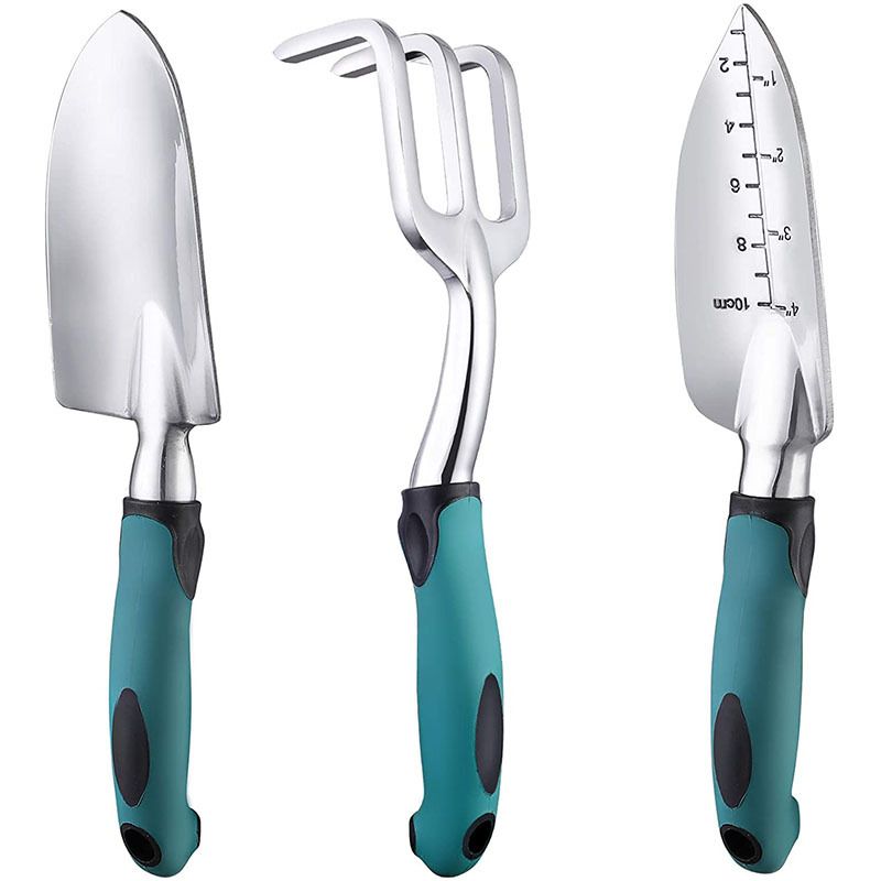 3-Piece Green Gardening Tool Set - Heavy Duty Aluminum Alloy with Bonus Claw Gardening Gloves - Rust Resistant Hand Trowel, Cultivator and Transplanter for Planting, Digging and Weeding Main image