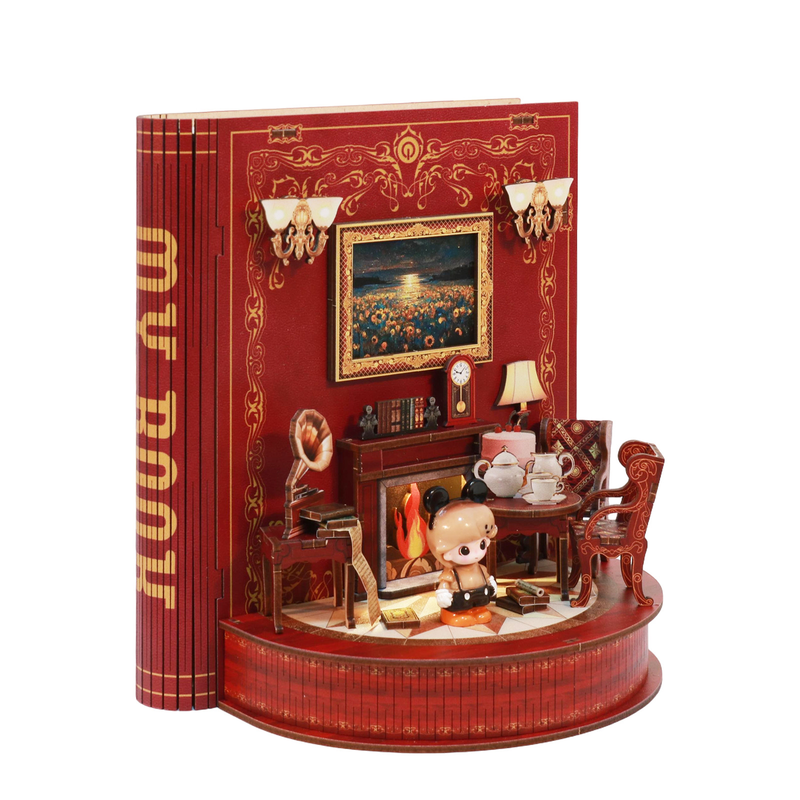 DIY Book Nook Kit Book Theater 3D Wooden Puzzle Miniature Dollhouse Bookshelf Insert with LED Light, 222 Pieces Bookend Decor for Adults Teens, Creative Gift for Book Lovers Main image