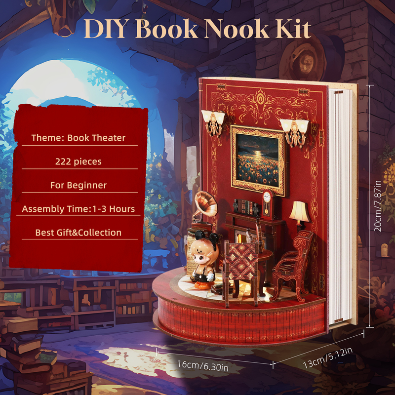 DIY Book Nook Kit Book Theater 3D Wooden Puzzle Miniature Dollhouse Bookshelf Insert with LED Light, 222 Pieces Bookend Decor for Adults Teens, Creative Gift for Book Lovers