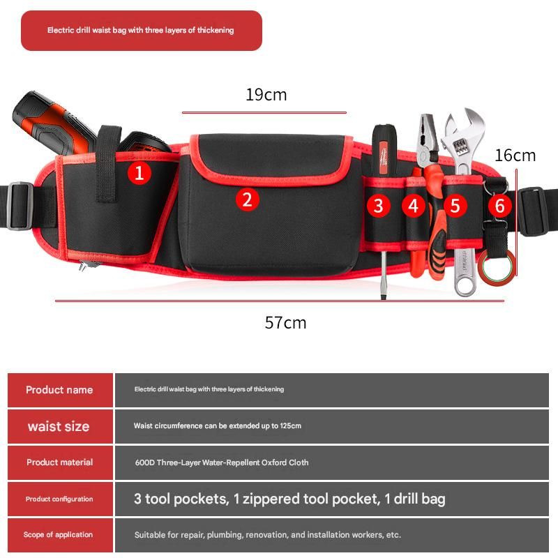 Red Professional Oxford Cloth Tool Waist Bag –Tool Belt, Multifunctional Work Belt, Men's Robust, Adjustable Tool Belt - Heavy-Duty 600D Waterproof for Electricians, Mechanics & Construction Workers Main image