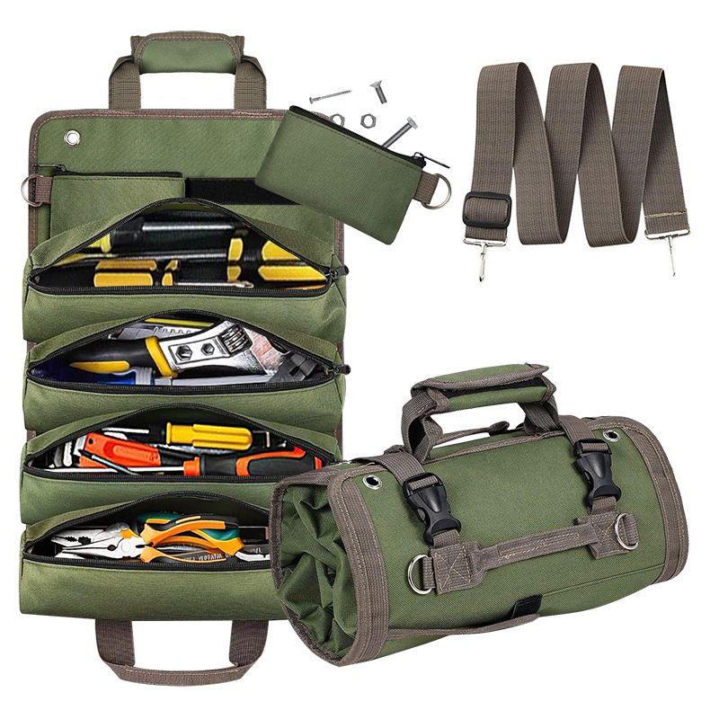 Green Multi-Purpose 600D Oxford Cloth Roll-Up Tool Organizer Bag – Heavy-Duty Waterproof & Anti-Scratch Organizer for Electricians, Mechanics & Automotive Use-Duty Oxford Fabric - Multi-Pocket Storage for Electricians, Mechanics & DIY Enthusiasts Main image