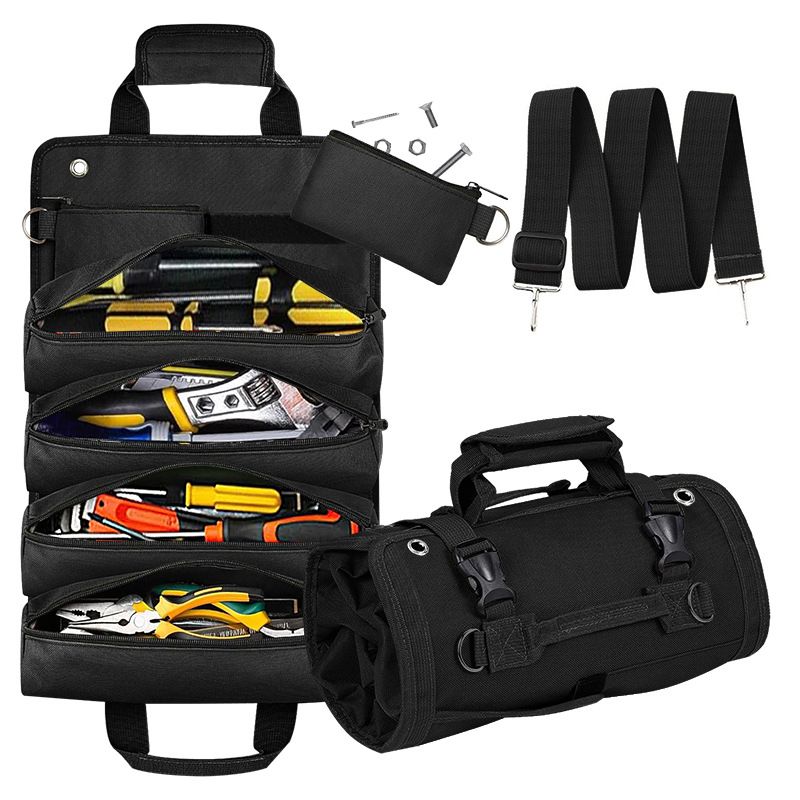 Black Multi-Purpose 600D Oxford Cloth Roll-Up Tool Organizer Bag – Heavy-Duty Waterproof & Anti-Scratch Organizer for Electricians, Mechanics & Automotive Use-Duty Oxford Fabric - Multi-Pocket Storage for Electricians, Mechanics & DIY Enthusiasts Main image
