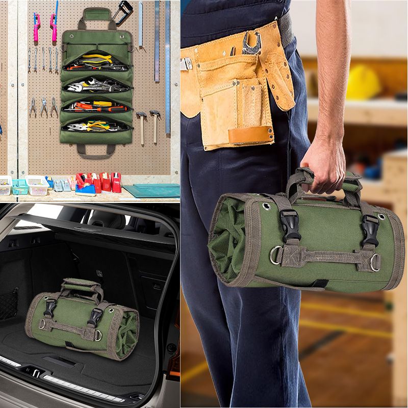 Black Multi-Purpose 600D Oxford Cloth Roll-Up Tool Organizer Bag – Heavy-Duty Waterproof & Anti-Scratch Organizer for Electricians, Mechanics & Automotive Use-Duty Oxford Fabric - Multi-Pocket Storage for Electricians, Mechanics & DIY Enthusiasts