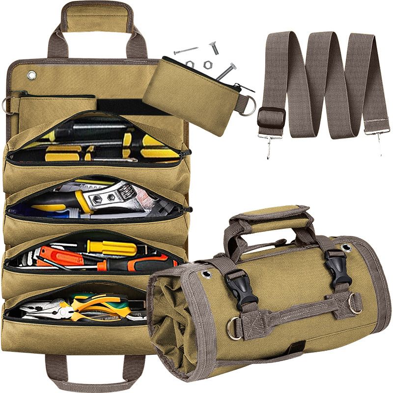 Khaki Multi-Purpose 600D Oxford Cloth Roll-Up Tool Organizer Bag – Heavy-Duty Waterproof & Anti-Scratch Organizer for Electricians, Mechanics & Automotive Use-Duty Oxford Fabric - Multi-Pocket Storage for Electricians, Mechanics & DIY Enthusiasts