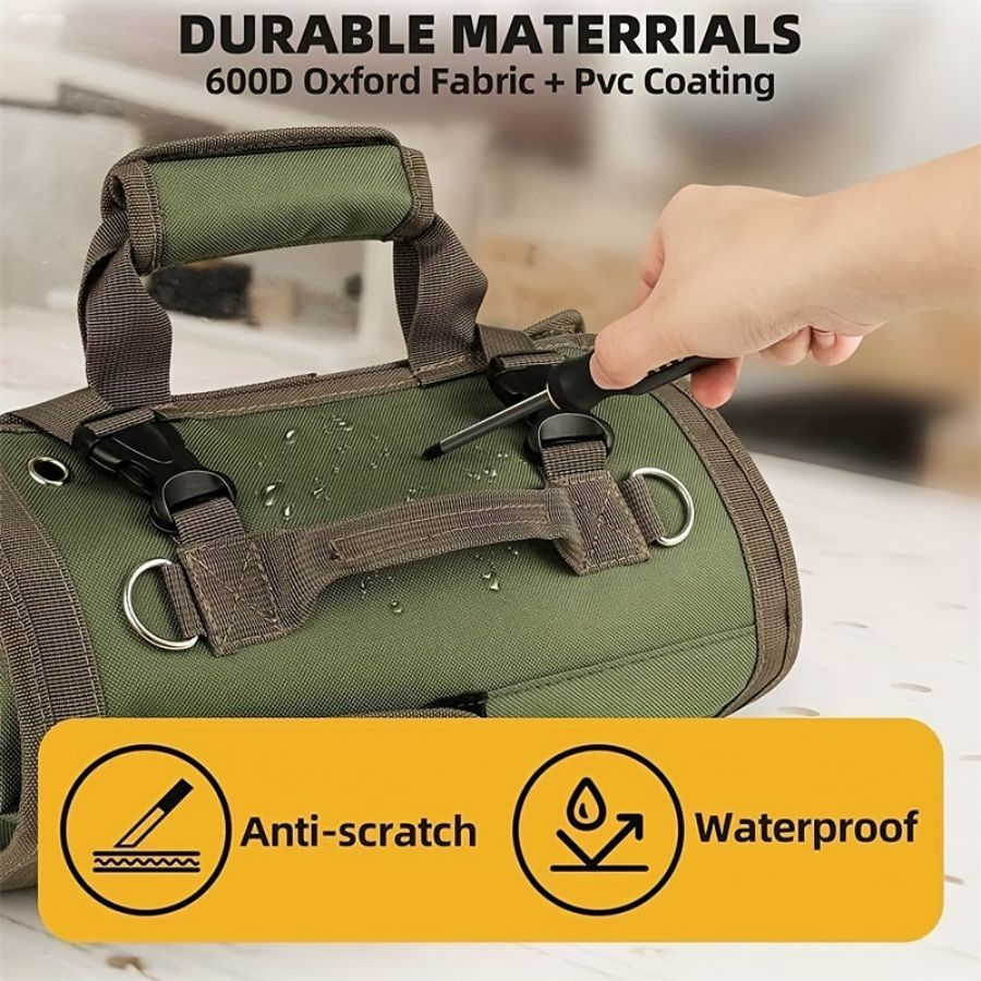 Khaki Multi-Purpose 600D Oxford Cloth Roll-Up Tool Organizer Bag – Heavy-Duty Waterproof & Anti-Scratch Organizer for Electricians, Mechanics & Automotive Use-Duty Oxford Fabric - Multi-Pocket Storage for Electricians, Mechanics & DIY Enthusiasts