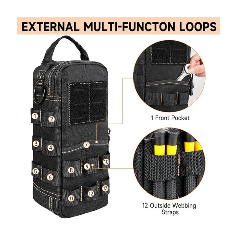 Heavy Duty Oxford Cloth Tool Bag - Portable Tactical Storage Pouch with Shoulder Strap, Multi-Function Loops, Zipper Pockets & Elastic Bands, Durable & Wear Resistant for Electricians, DIY, Camping, Auto Repair