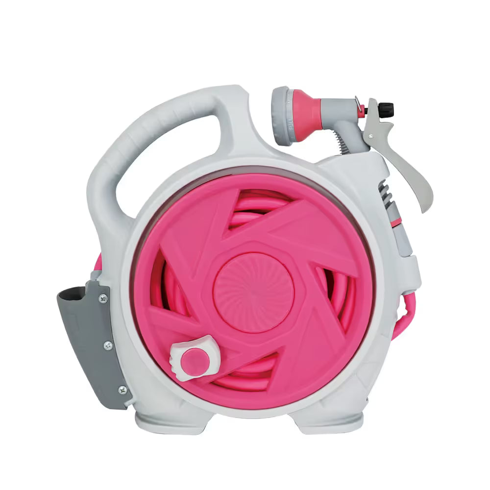 Pink Portable Hose Reel Cart with 14m Hose 7-Pattern Spray Gun Garden Watering System Main image
