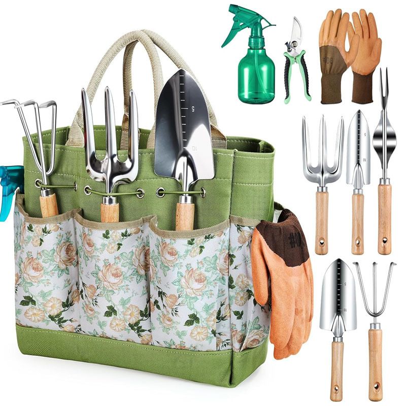 Premium 9-Piece Stainless Steel Garden Tool Set with Durable Storage Tote Bag – Heavy Duty Gardening Hand Kit with Ergonomic Wooden Handles, Pruning Shears and Spray Bottle Main image
