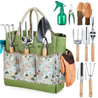 Premium 9-Piece Stainless Steel Garden Tool Set with Durable Storage Tote Bag – Heavy Duty Gardening Hand Kit with Ergonomic Wooden Handles, Pruning Shears and Spray Bottle