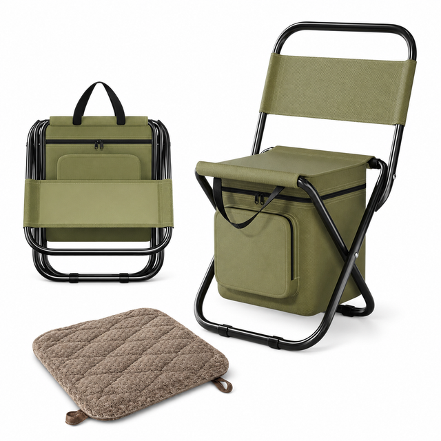 3-in-1 Green Large Portable Folding Camping Chair with Zippered Cooler Bag and 35*35cm Thick Plush Seat Cushion, Outdoor Fishing and Picnic Stool with Backrest and 25 *27 *18.5cm Insulated Storage Pocket Main image