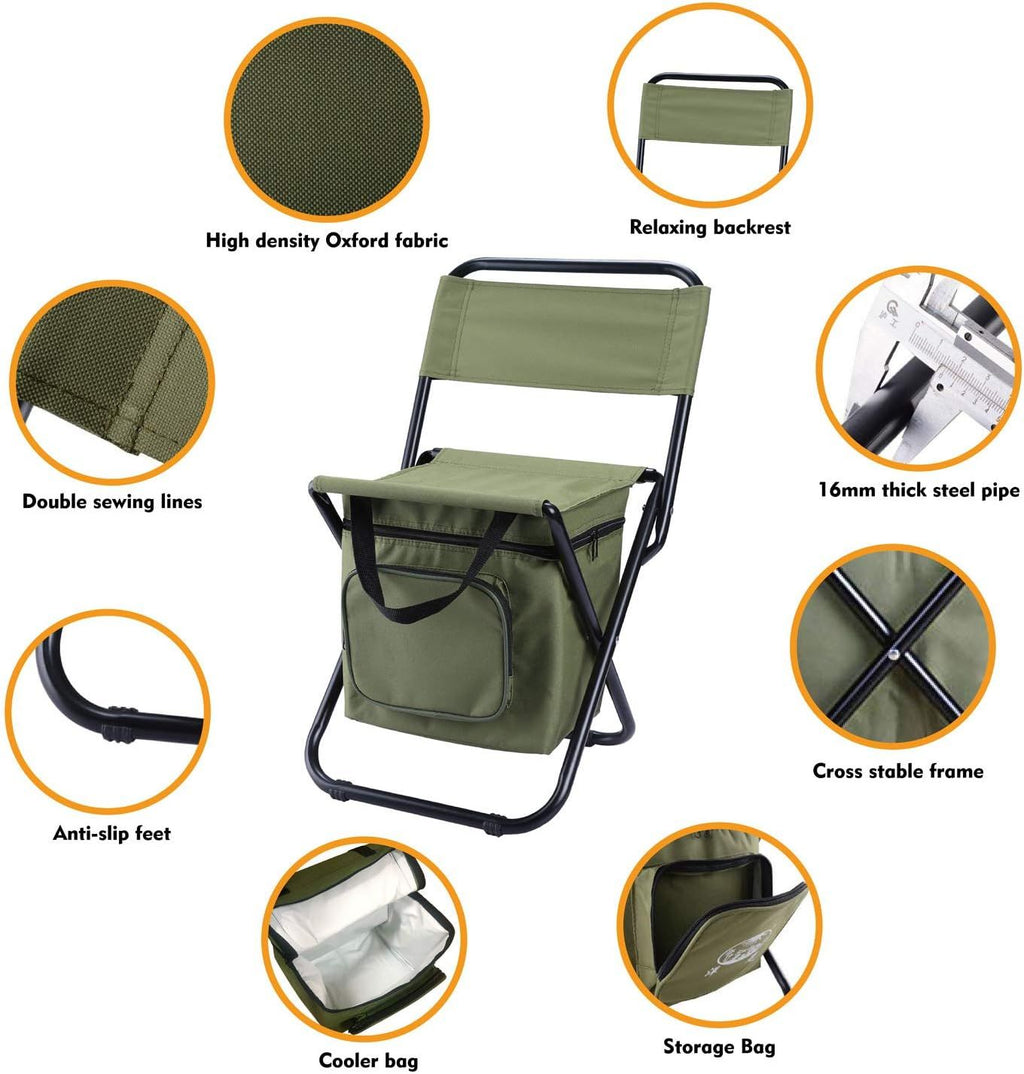 3-in-1 Green Large Portable Folding Camping Chair with Zippered Cooler Bag and 35*35cm Thick Plush Seat Cushion, Outdoor Fishing and Picnic Stool with Backrest and 25 *27 *18.5cm Insulated Storage Pocket