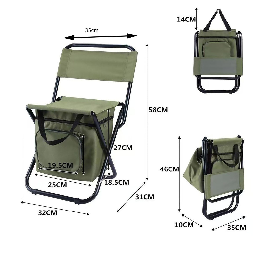 3-in-1 Green Large Portable Folding Camping Chair with Zippered Cooler Bag and 35*35cm Thick Plush Seat Cushion, Outdoor Fishing and Picnic Stool with Backrest and 25 *27 *18.5cm Insulated Storage Pocket