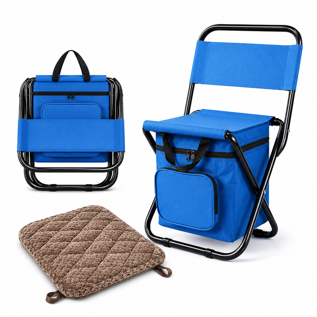 3-in-1 Blue Large Portable Folding Camping Chair with Zippered Cooler Bag and 35*35cm Thick Plush Seat Cushion, Outdoor Fishing and Picnic Stool with Backrest and 25 *27 *18.5cm Insulated Storage Pocket Main image