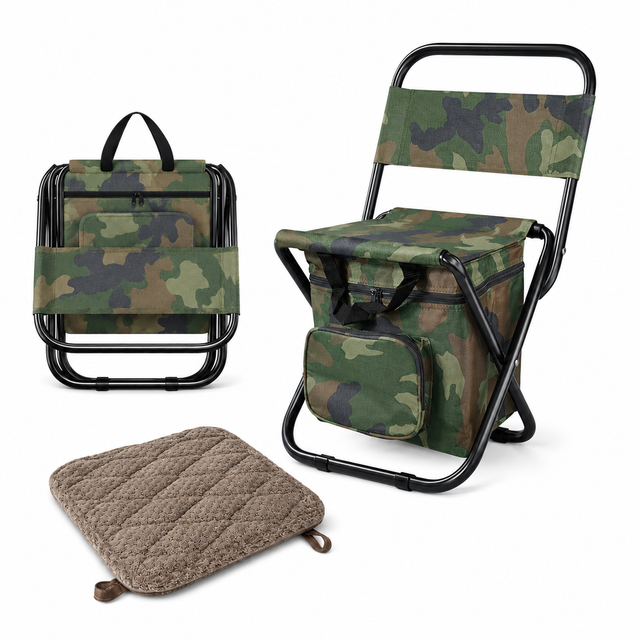 3-in-1 Camouflage Large Portable Folding Camping Chair with Zippered Cooler Bag and 35*35cm Thick Plush Seat Cushion, Outdoor Fishing and Picnic Stool with Backrest and 25 *27 *18.5cm Insulated Storage Pocket Main image