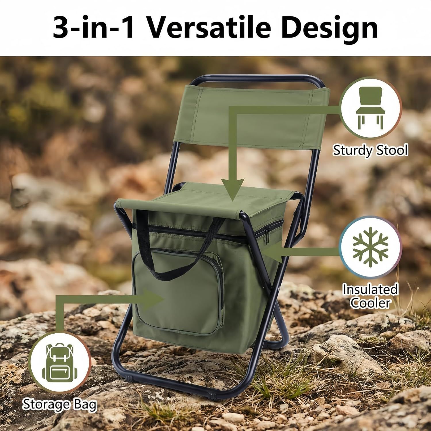 3-in-1 Camouflage Large Portable Folding Camping Chair with Zippered Cooler Bag and 35*35cm Thick Plush Seat Cushion, Outdoor Fishing and Picnic Stool with Backrest and 25 *27 *18.5cm Insulated Storage Pocket Secondary image