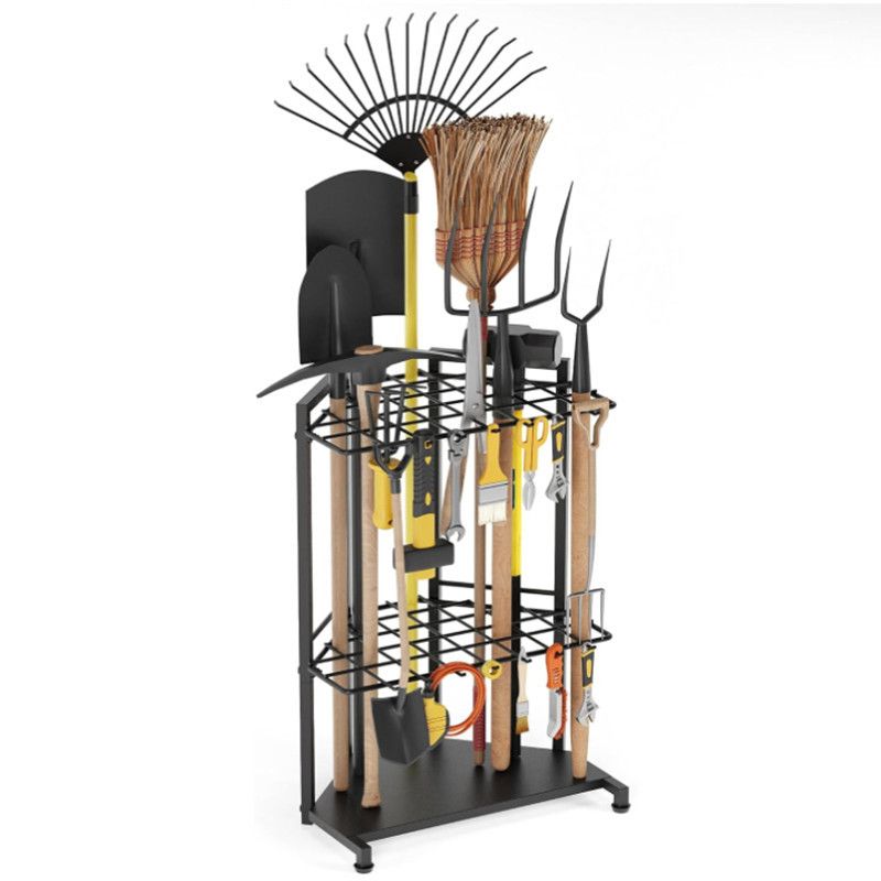 Mutifunctional Garden Tool Rack for Corner with Space Saving Triangular Design & Dual-Layer Grid Shelving – Heavy Duty Metal Storage Stand for Garages Balconies and Patios (28 x 16.7 x 13") Main image