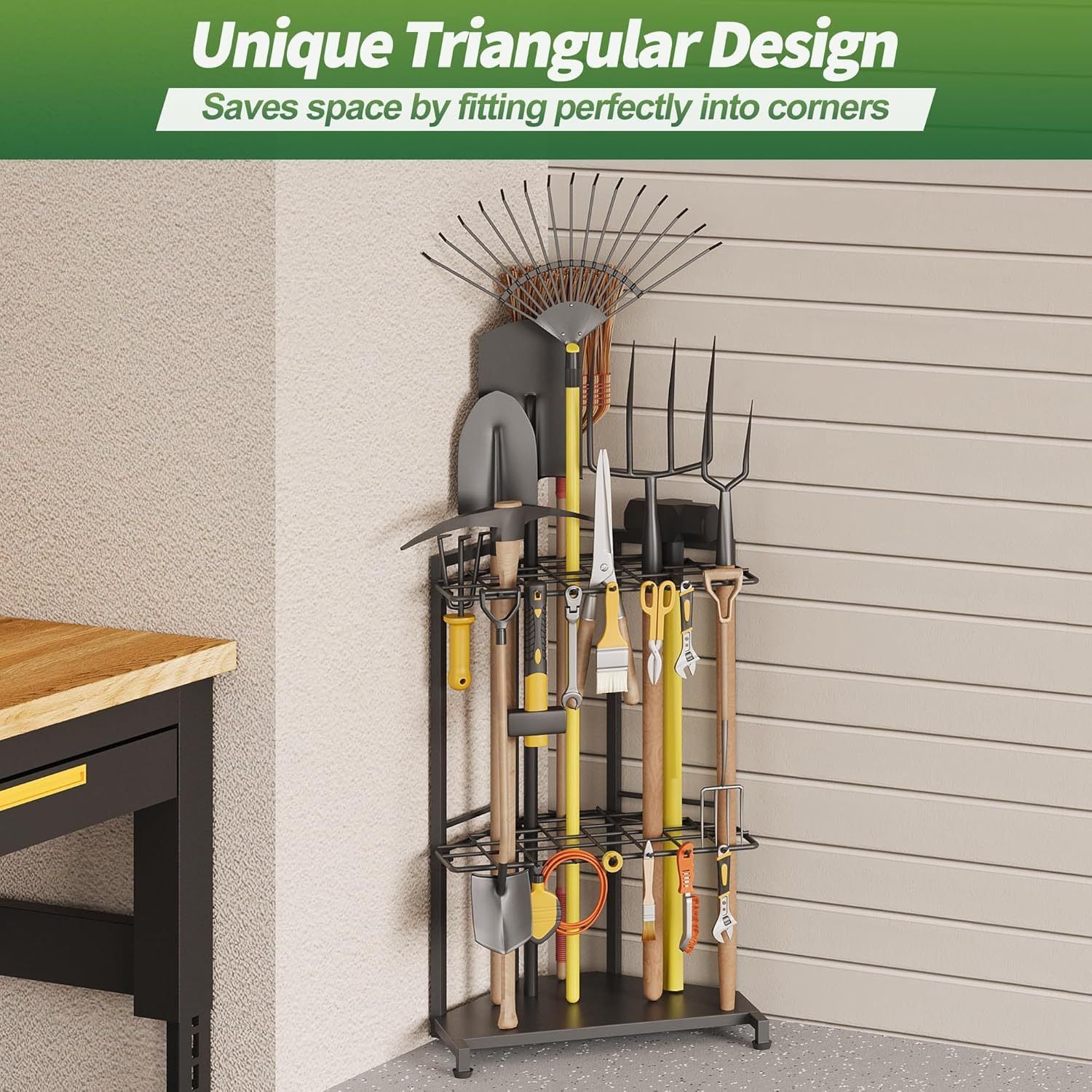Mutifunctional Garden Tool Rack for Corner with Space Saving Triangular Design & Dual-Layer Grid Shelving – Heavy Duty Metal Storage Stand for Garages Balconies and Patios (28 x 16.7 x 13")