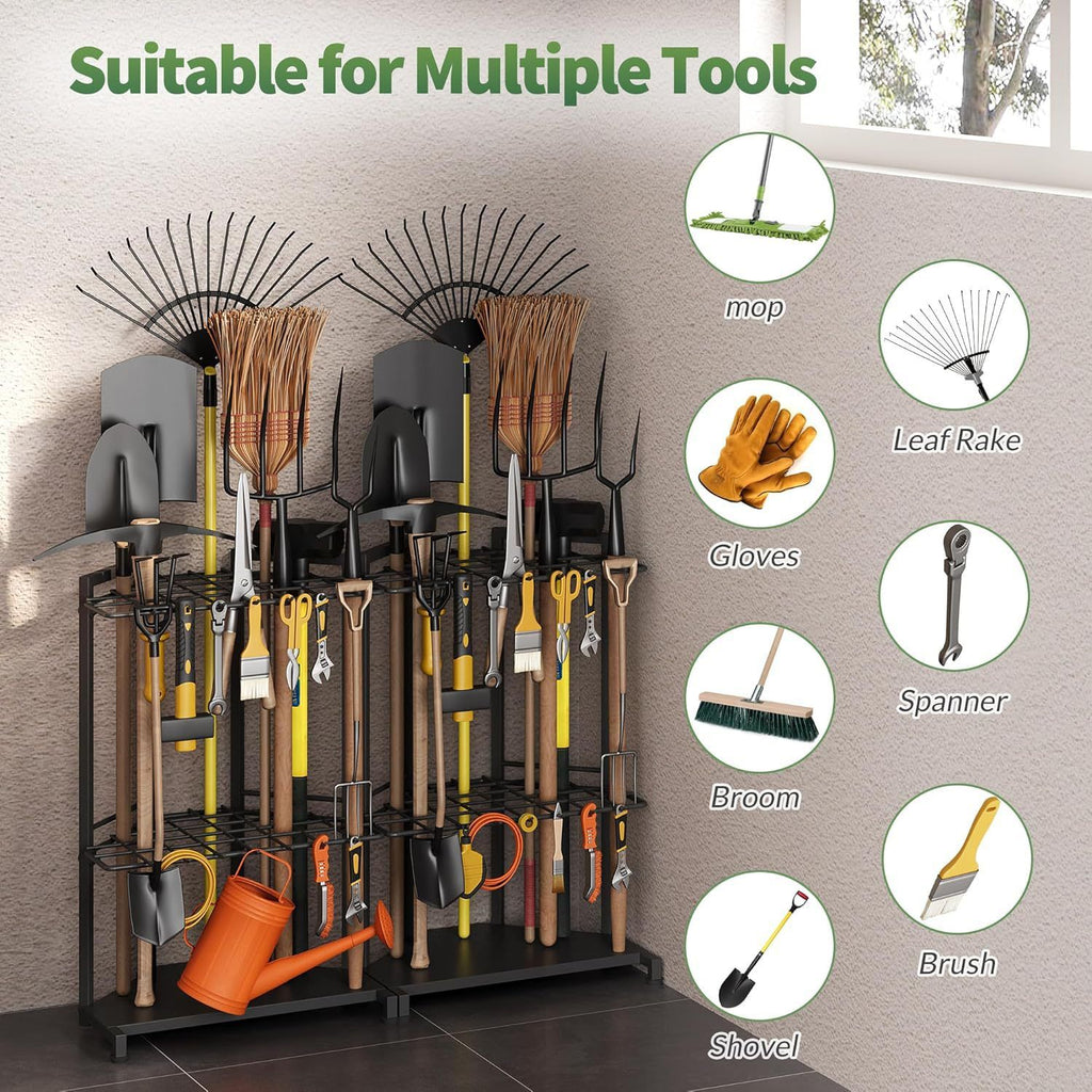 Mutifunctional Garden Tool Rack for Corner with Space Saving Triangular Design & Dual-Layer Grid Shelving – Heavy Duty Metal Storage Stand for Garages Balconies and Patios (28 x 16.7 x 13")